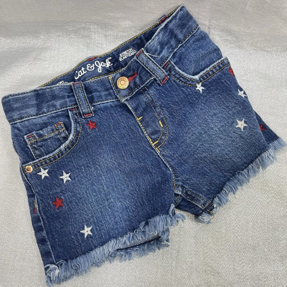Cat & Jack Girls Size 4T USA Red White Blue Star Embroidered Denim Shorts